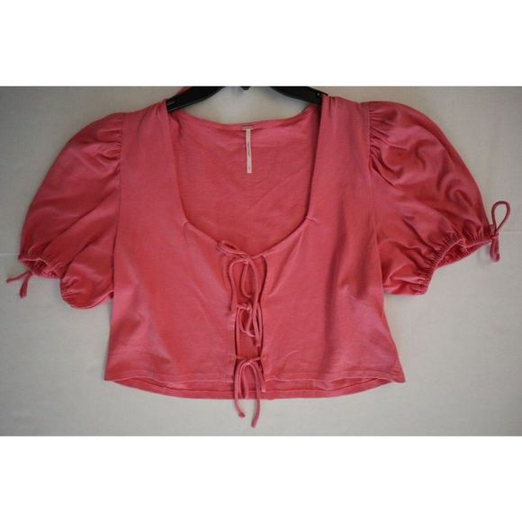 Free People OB1369457 Women's Sz L Velvet Rose Pink Kitty Tie Front Cropped Tee - Picture 6 of 8